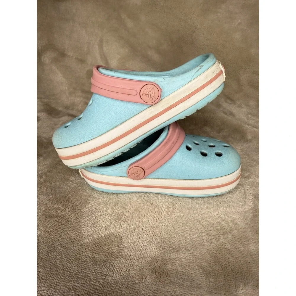 Crocs Crocband Clogs K Kids Ice Blue / Pink‎ Slip On Shoes Back Strap Size 5C